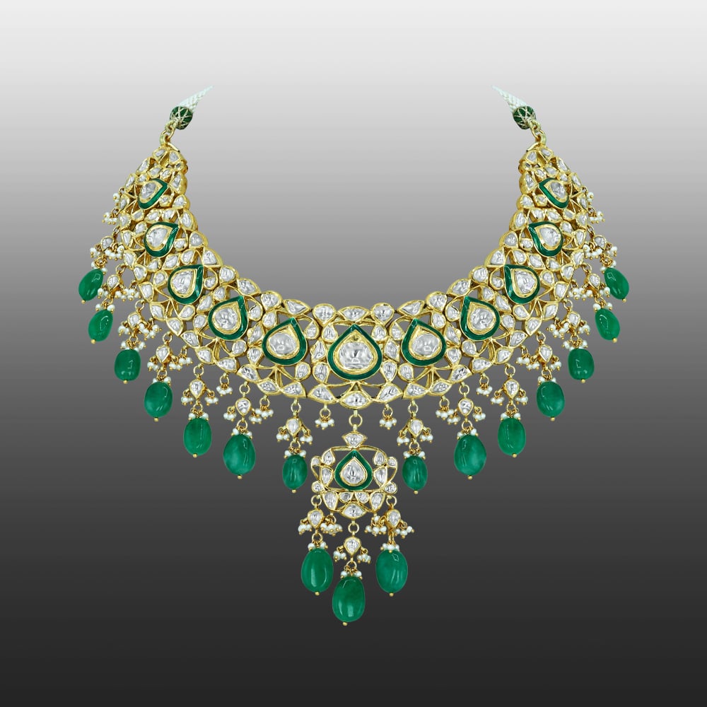 Pear Shaped Polki Choker with Emerald Drops and Cascading Design